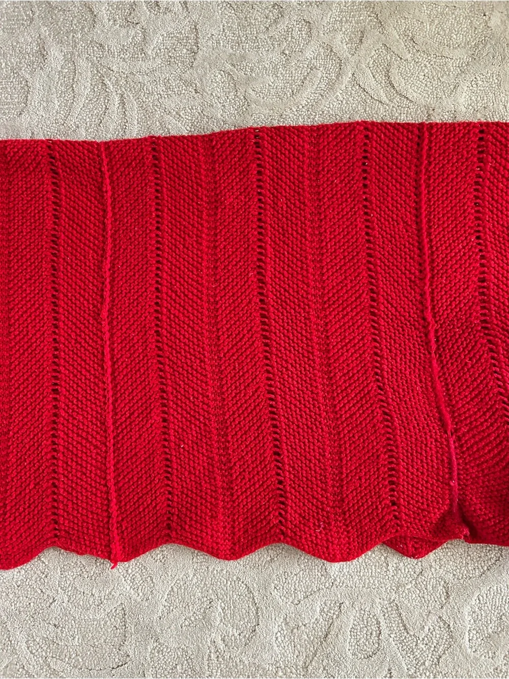 Vintage Handmade Afghan Blanket Crochet Knit 45x60 Red Scalloped Hem Holiday